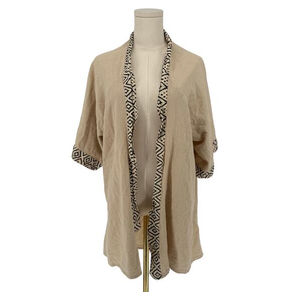 Bohemian Open Front Cardigan Sweater Mid Length Lightweight Linen Blend Beige - Picture 1 of 7